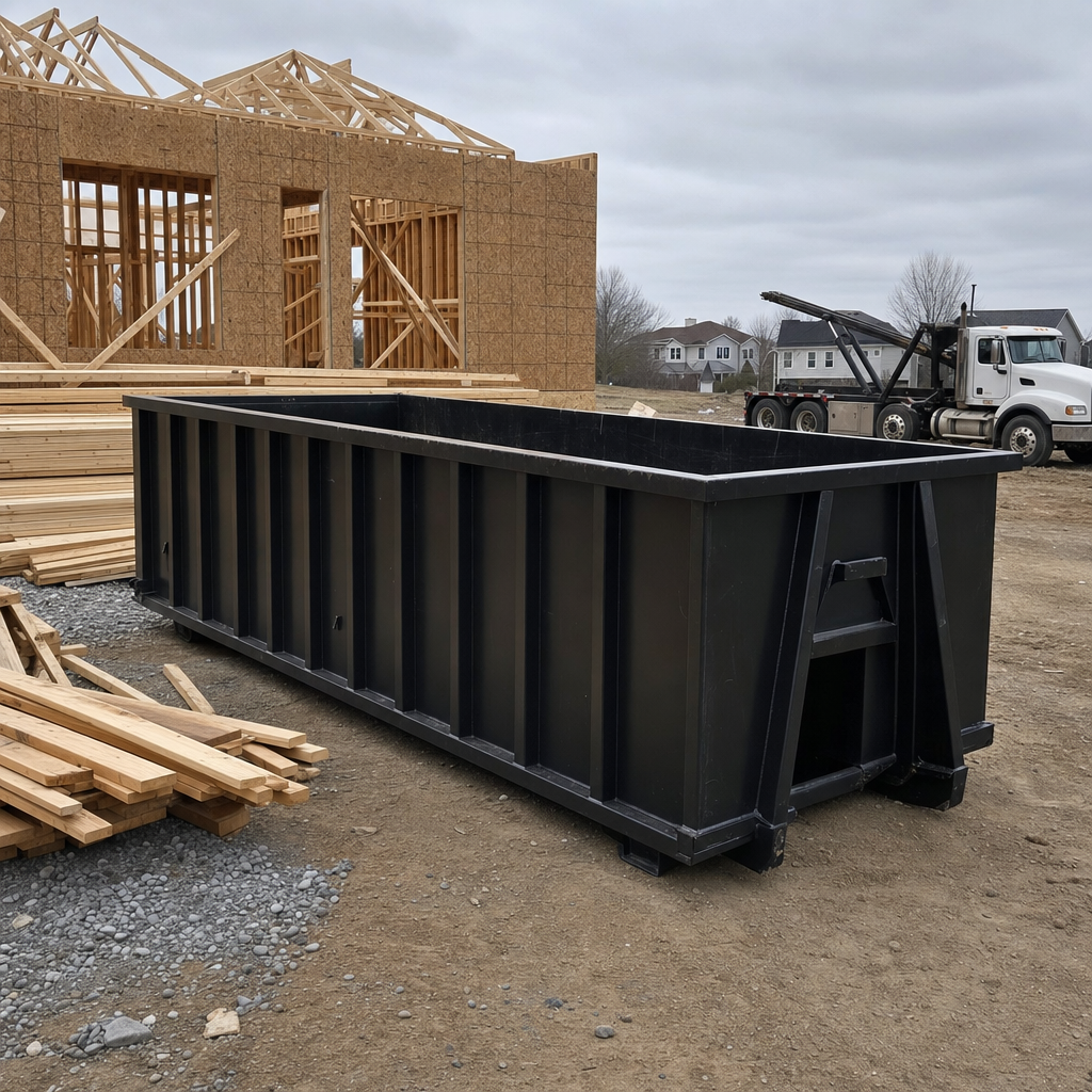 Matte-black 40-yard roll-off dumpster staged on a framed-out residential construction site in Chalmette, framing lumber stacked nearby, hooklift delivery truck visible in the background under bright Colorado daylight