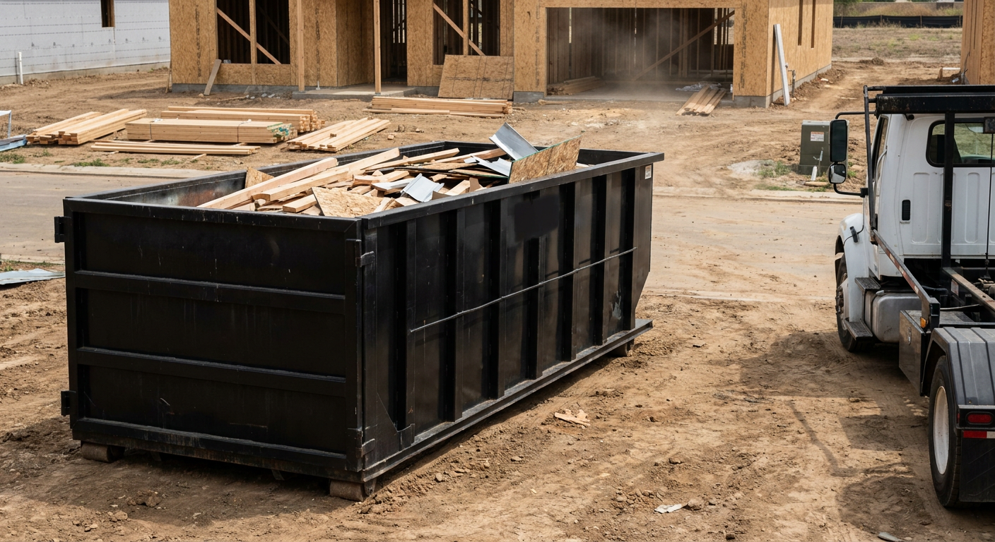 Matte-black 20-yard roll-off construction dumpster with heavy ribbed steel sidewalls and swing rear doors at a working jobsite in Chalmette, sitting directly on compacted dirt with an unmarked white hauler partially visible at the far edge of the frame.