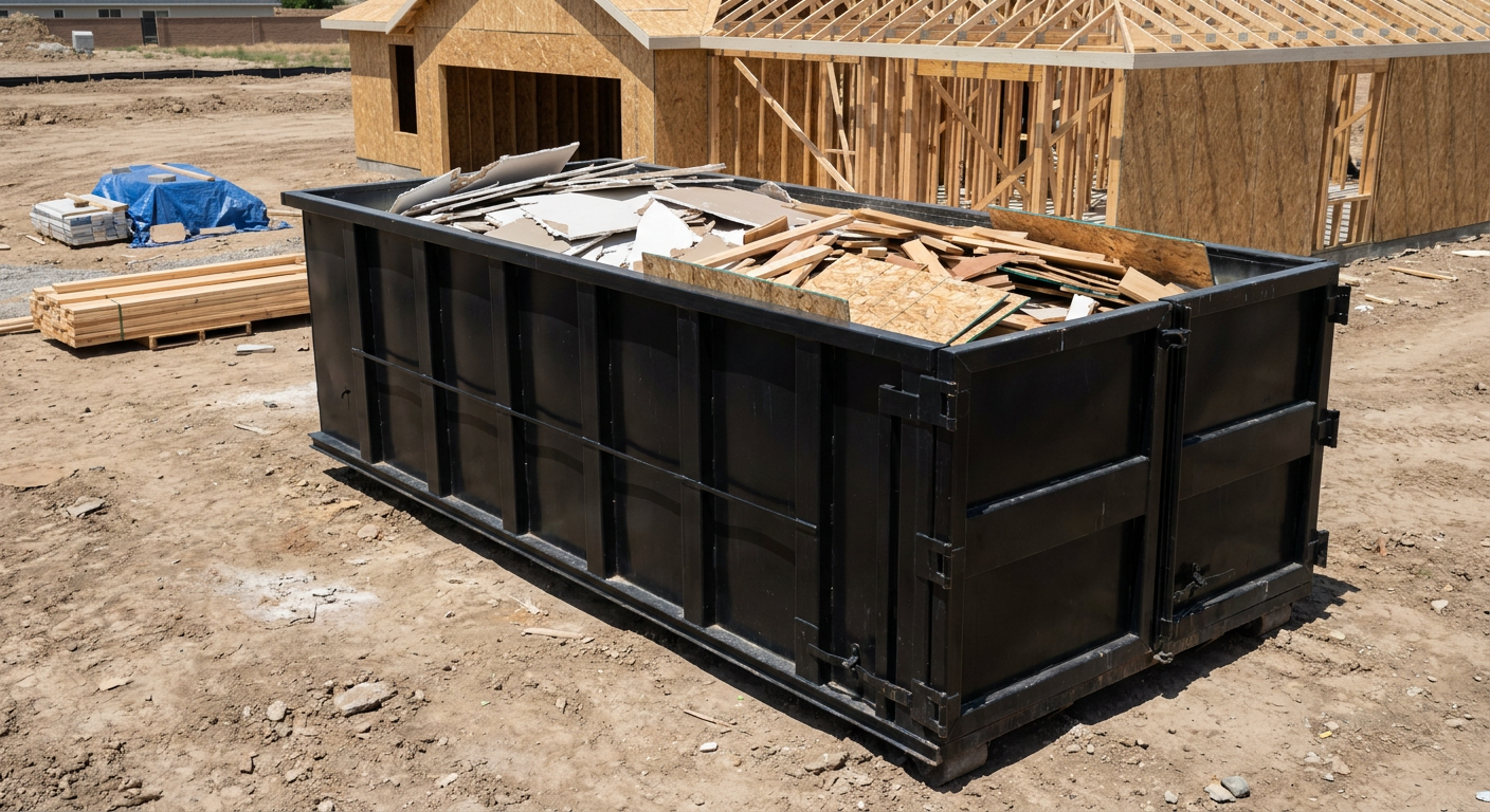 Matte-black 30-yard roll-off construction dumpster sitting directly on the compacted-dirt site of a framed single-family home build in Chalmette, drywall and lumber scrap loaded inside.