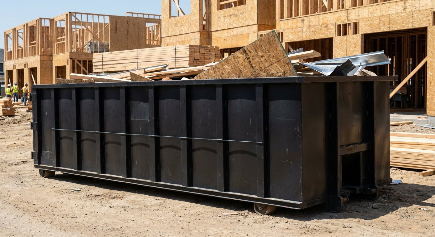Matte-black 40-yard roll-off construction dumpster being lowered from a white-cab hooklift delivery truck onto the compacted-dirt jobsite at a commercial build site in Chalmette