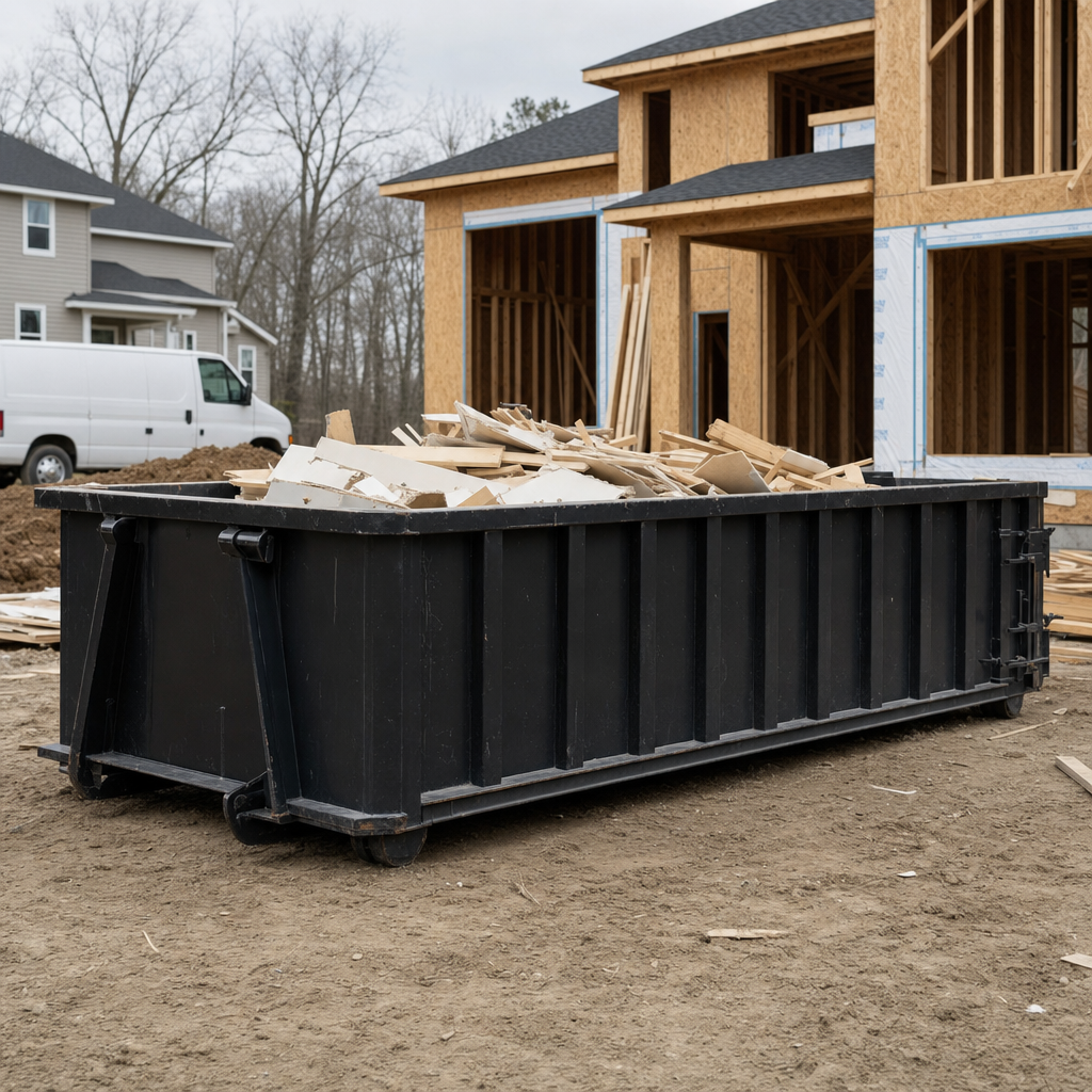 Worker in a yellow high-visibility vest tossing framing lumber and broken drywall into a matte-black 30-yard construction roll-off dumpster on an active build site in Chalmette, bright daylight