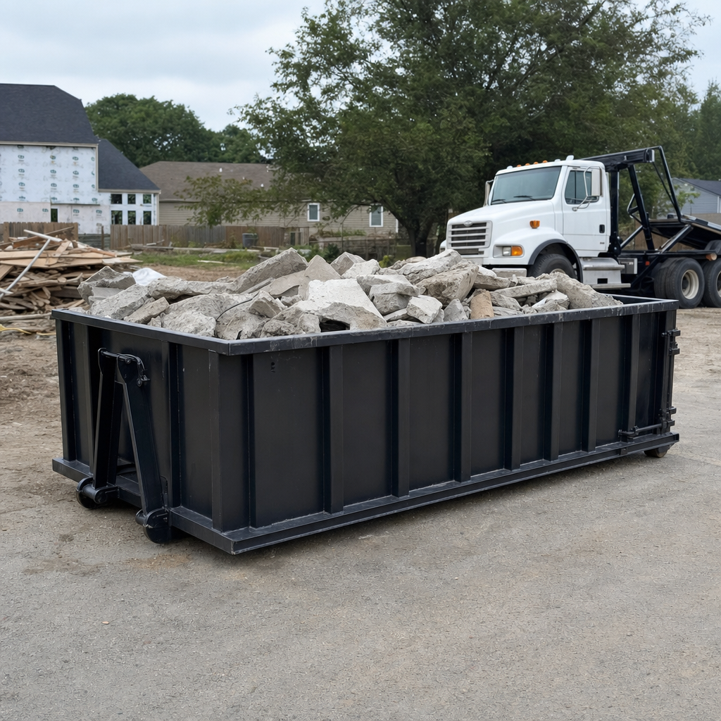 Low-profile matte-black lowboy roll-off dumpster loaded with broken concrete slab and rebar at a foundation tear-out in Chalmette, skid steer parked beside it, sunny Colorado morning