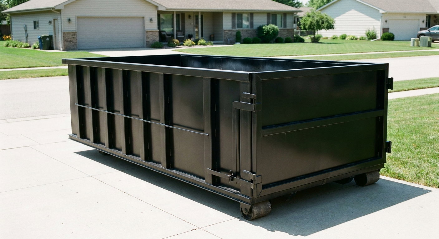 Matte-black 10-yard roll-off dumpster on a residential concrete driveway in Chalmette, uniformly painted matte black across every panel and rail, ribbed steel sidewalls and rear swing door visible, mid-day daylight.