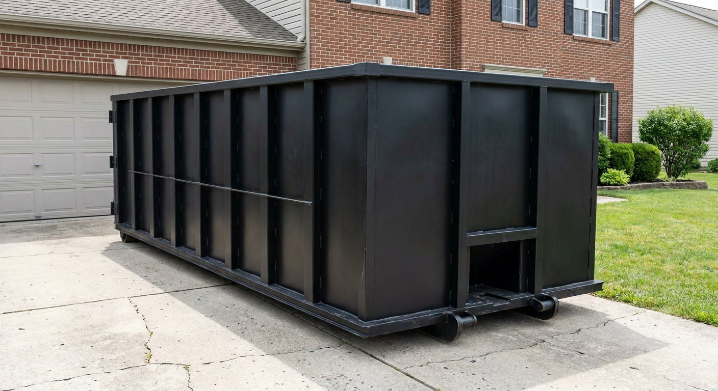 Matte-black 20-yard roll-off container on a Chalmette residential concrete driveway with reinforced ribbed steel sidewalls and a hinged rear walk-in door, clean bright daylight.