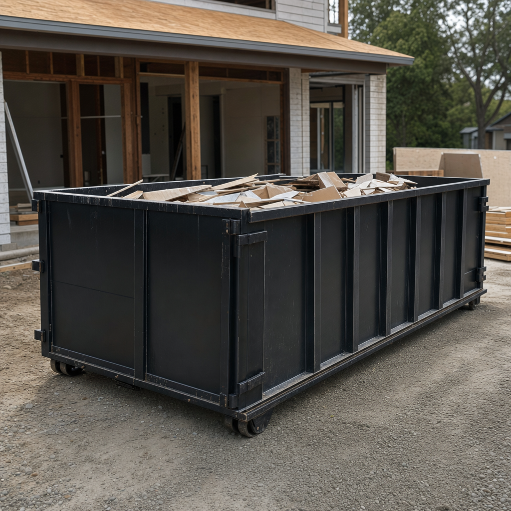Large matte-black 30-yard construction roll-off dumpster at an active Chalmette jobsite, steel-gray top rails and bottom rollers visible, loaded with construction debris.