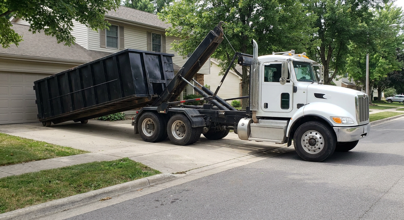 White-cab hooklift roll-off truck actively lowering a matte-black dumpster onto a Chalmette residential concrete driveway, the dumpster's rear wheels touching the driveway as the hoist arm tilts the bed forward, mid-morning daylight.