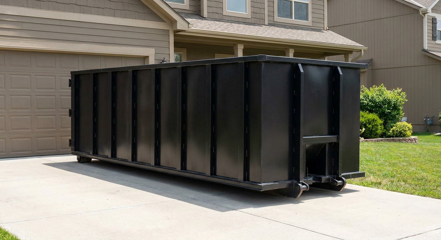 Matte-black residential roll-off dumpster sitting directly on a suburban Chalmette concrete driveway, garage door closed, single-family home in background, bright morning daylight.