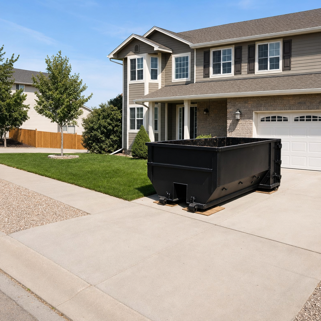 10-yard matte-black residential dumpster placed directly on a narrow Chalmette concrete driveway, room remains for a parked sedan beside it, mid-morning natural light