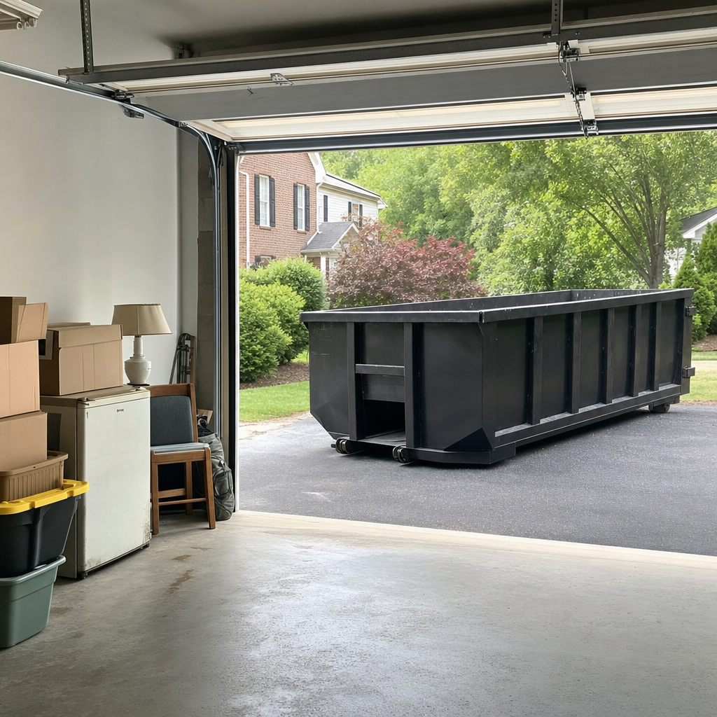 Open garage interior in a Chalmette home mid-cleanout — boxed items, an old appliance, and stacked yard tools queued near the driveway for a matte-black roll-off dumpster, organized and calm