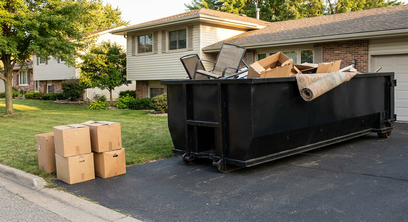 Front-yard view of a Chalmette split-level home with a 20-yard matte-black roll-off dumpster sitting directly on the asphalt driveway, a few clearly labeled donation boxes staged at the curb, calm sunny afternoon.
