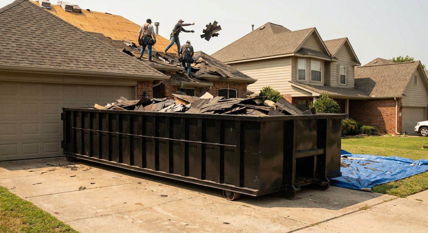 Matte-black roofing roll-off dumpster placed directly on a Chalmette residential concrete driveway, a tear-off crew on a two-story asphalt-shingle roof tossing shingle bundles into the low-walled container, bright daylight, documentary 35mm perspective.