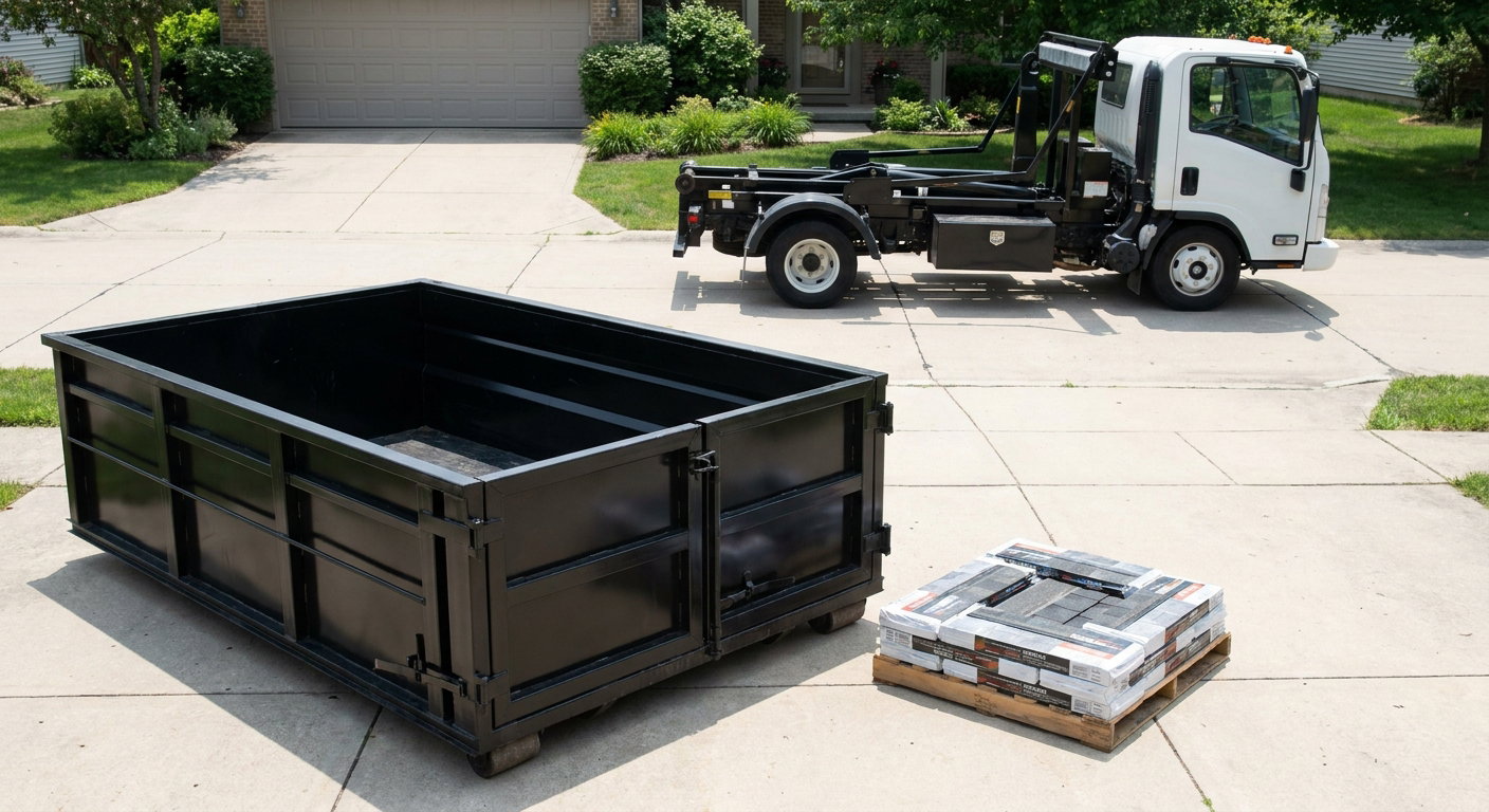 Matte-black 15-yard roofing roll-off dumpster with reinforced low side walls sitting directly on a Chalmette residential concrete driveway, three-tab asphalt shingle bundles stacked nearby, an unmarked white hauler truck partially visible at the edge of the frame.