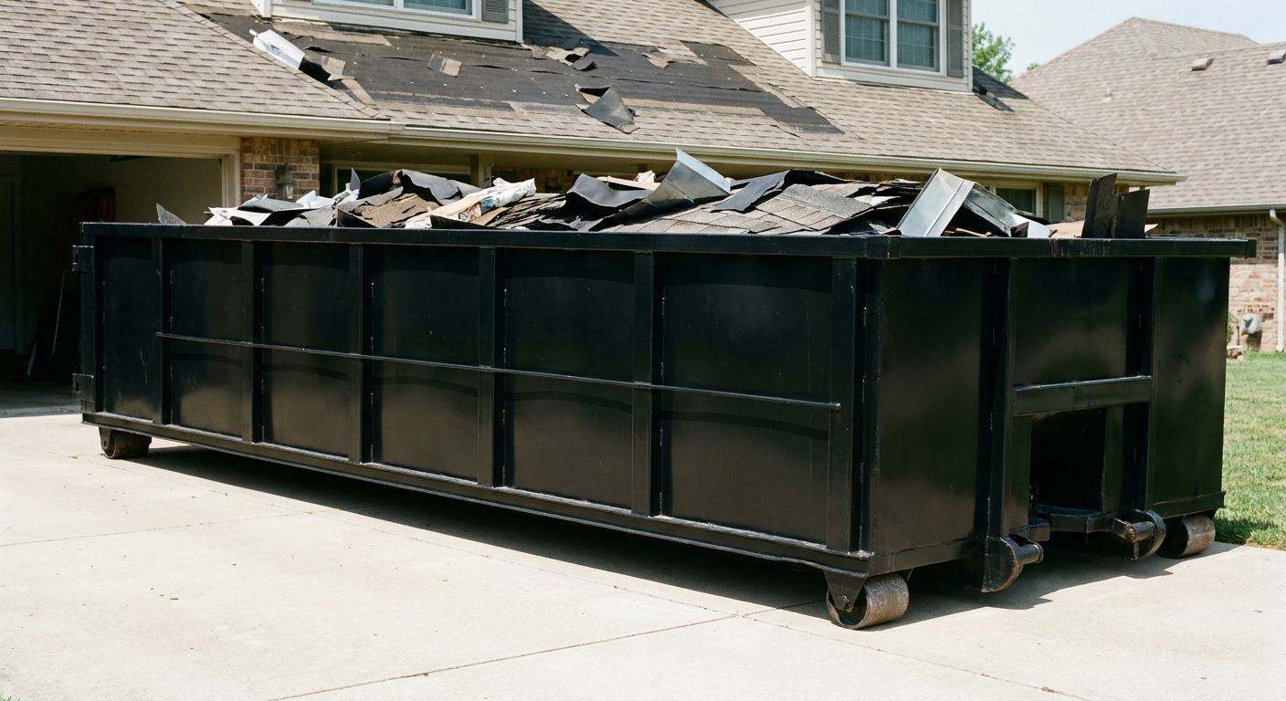 Matte-black 20-yard roofing roll-off dumpster with steel ribbed sides and swinging rear door, sitting directly on the concrete driveway of a two-story Chalmette home, asphalt shingle debris being loaded over the low wall, clean documentary lighting.