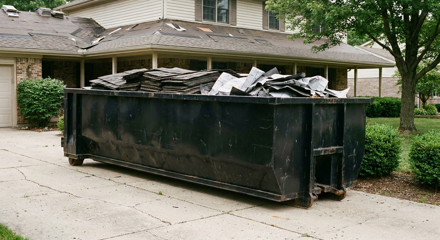 Matte-black 30-yard roofing roll-off dumpster sitting directly on a Chalmette concrete driveway, taller ribbed steel side panels, mixed tear-off debris of asphalt shingles and underlayment inside, professional documentary daylight.