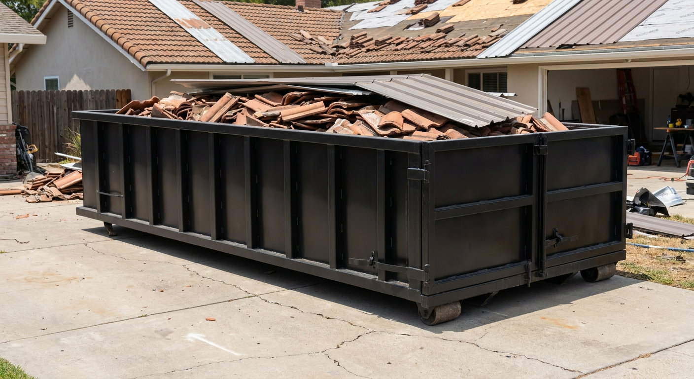 Matte-black low-wall heavy-debris roofing roll-off dumpster sitting directly on a Chalmette concrete driveway, broken concrete clay roof tiles and metal panel sections loaded inside, reinforced ribbed steel side walls visible, bright outdoor daylight.