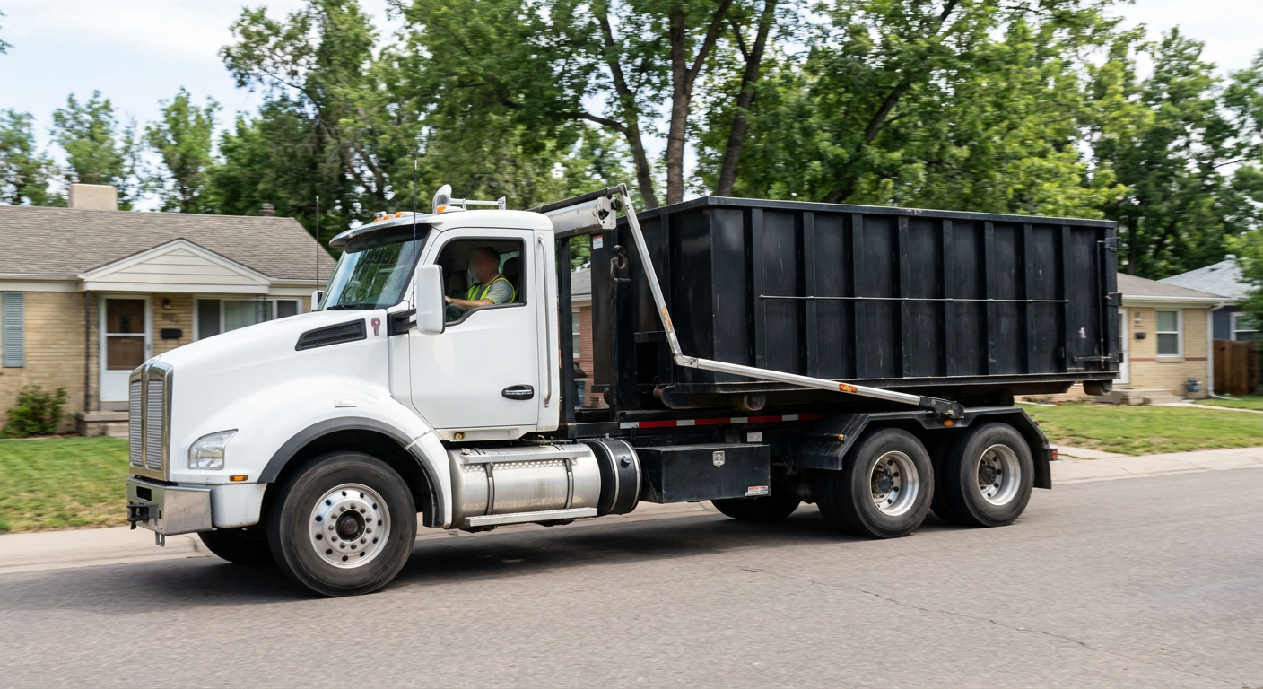 A wide documentary shot of a matte-black roll-off delivery truck pulling onto a quiet Chalmette residential street at mid-morning, with neighborhood rooftops and tree-lined blocks visible behind, showing the metro coverage footprint.
