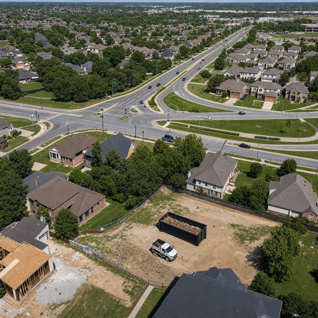 An overhead documentary view of the Chalmette metro area at midday, showing the spread of neighborhoods, arterial roads, and the dispatch radius from a central yard — clean daylight, organized geographic layout.