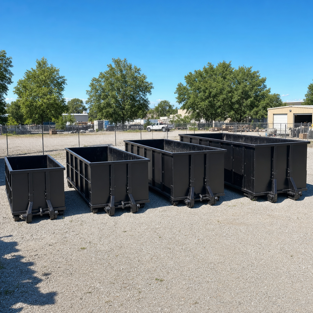 A clean lineup of matte-black roll-off dumpsters in 10, 20, 30, and 40-yard sizes staged on a sunlit gravel yard in Chalmette, showing the size progression from compact to commercial-scale containers.