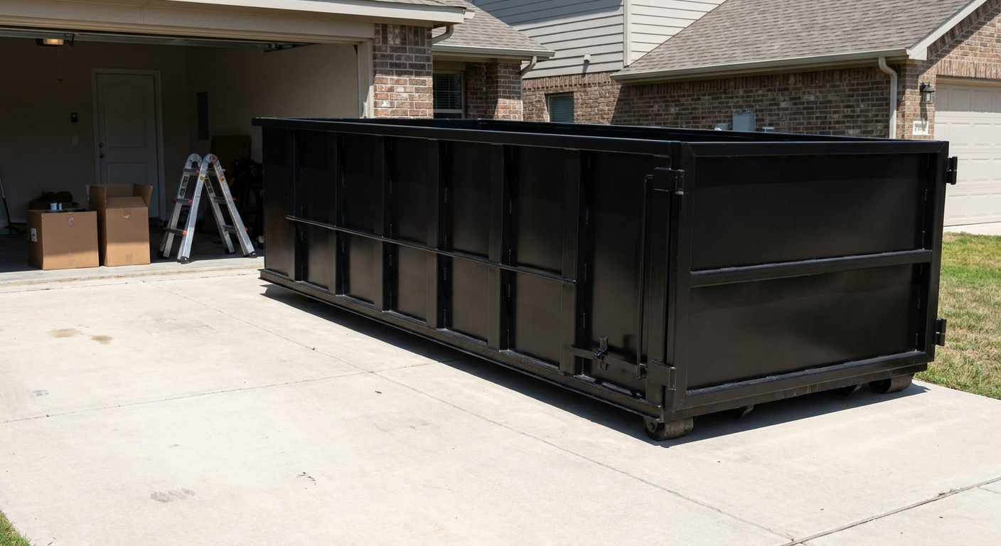 A matte-black 10-yard roll-off dumpster sitting directly on a residential Chalmette concrete driveway, mid-day sunlight, clean and ready for a garage cleanout.