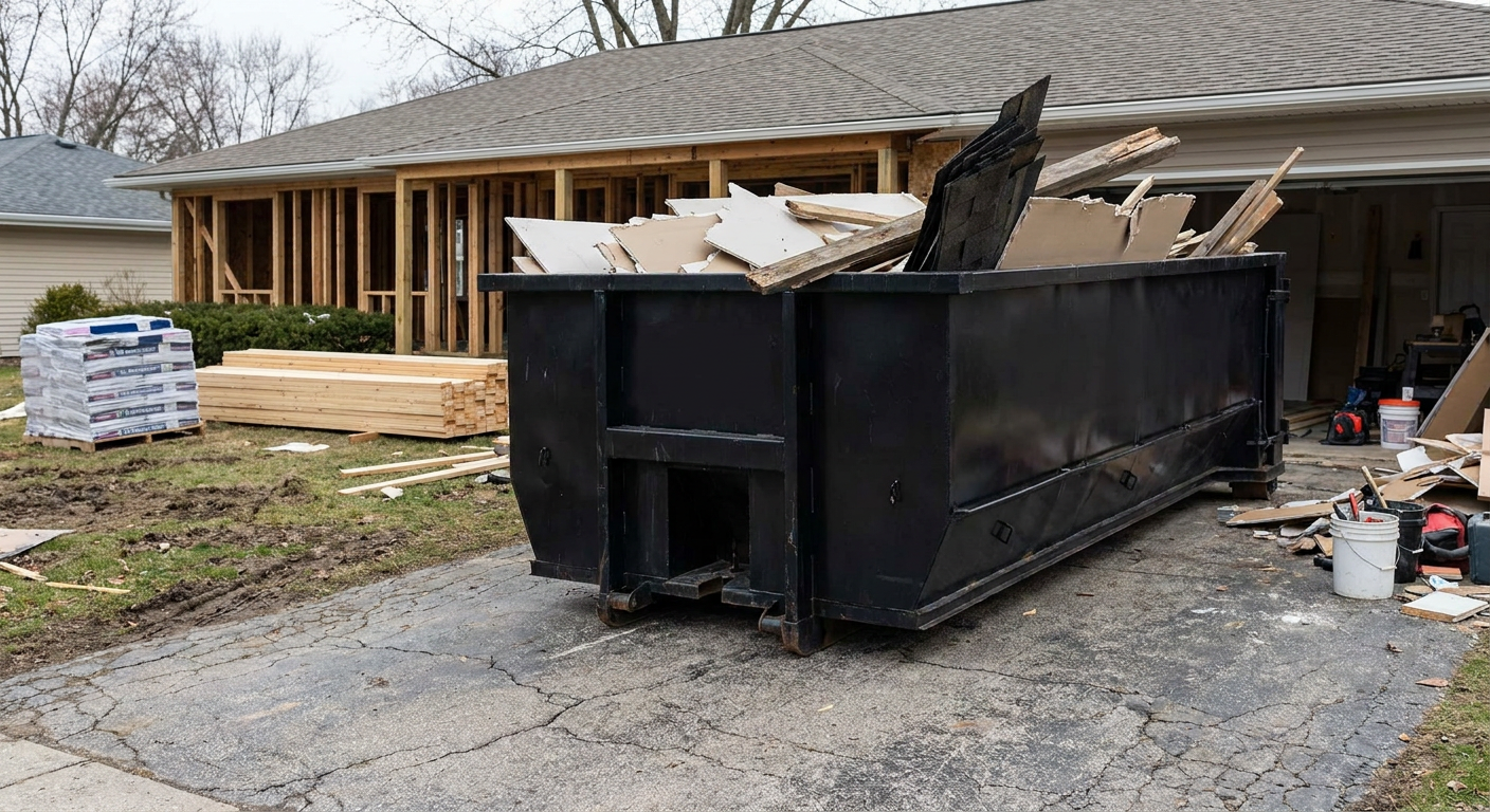 A matte-black 20-yard roll-off dumpster placed alongside a mid-renovation Chalmette home directly on the asphalt driveway, with framing materials and torn-off shingles staged neatly nearby.