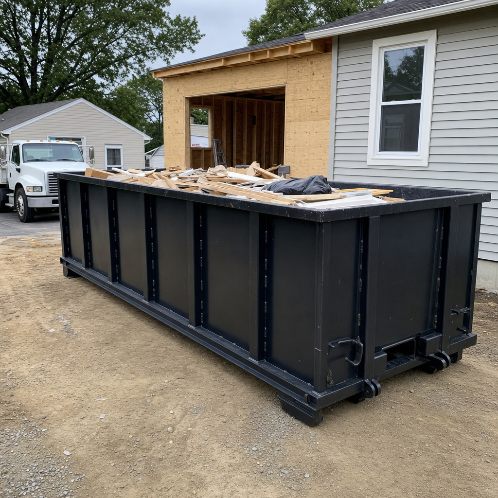 A matte-black 30-yard roll-off dumpster positioned at a Chalmette residential addition jobsite, with framing lumber and drywall scraps loaded through the open swinging rear doors.
