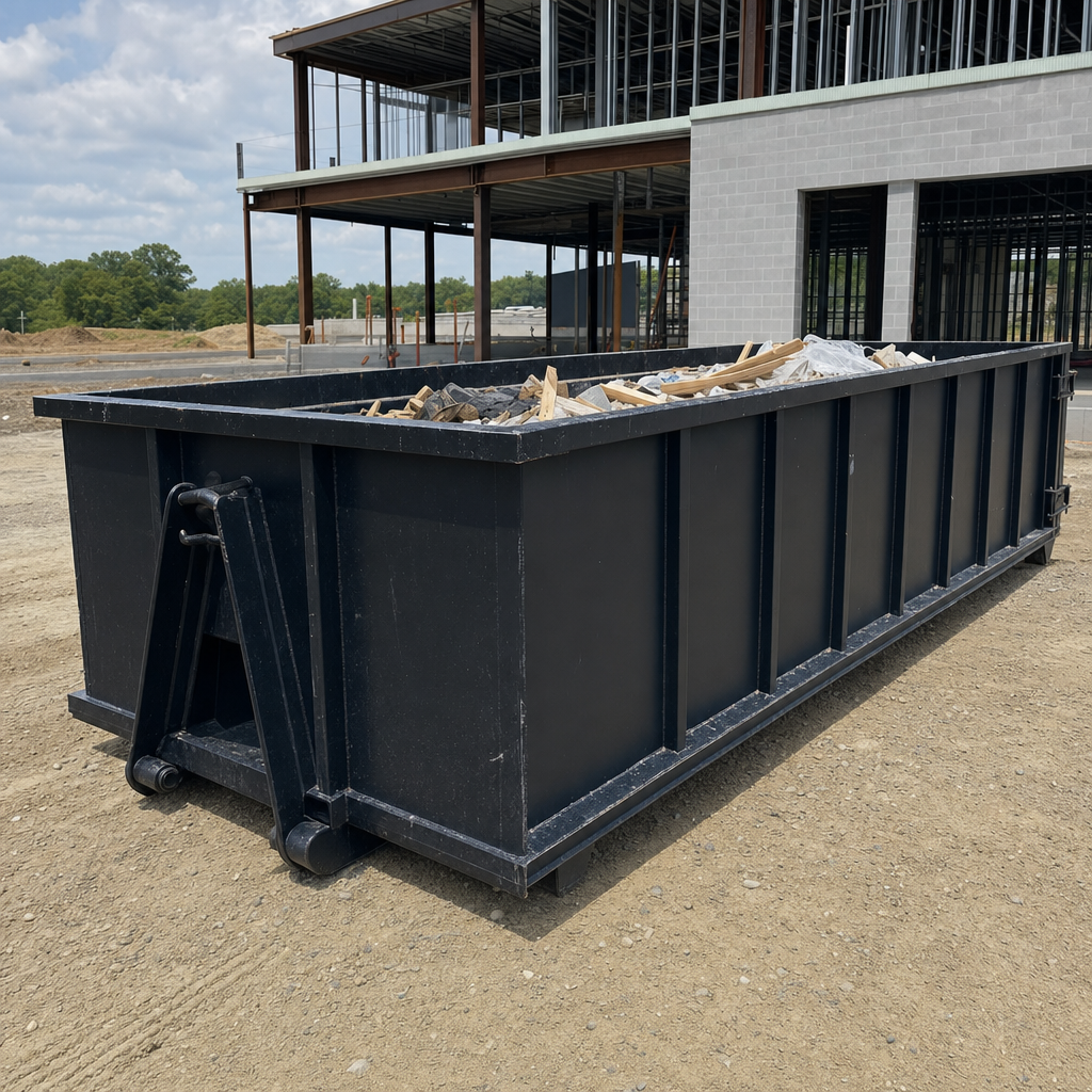 A matte-black 40-yard roll-off dumpster staged on a large Chalmette commercial construction lot, with a hooklift delivery truck parked alongside under bright midday sky.