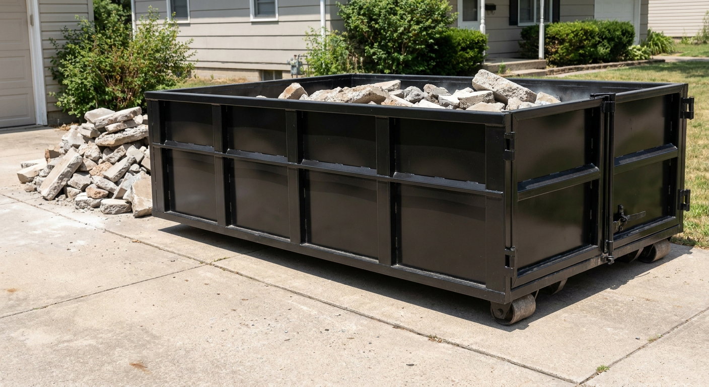 A matte-black low-side heavy-debris roll-off dumpster placed directly on a Chalmette concrete driveway, with broken concrete chunks neatly stacked beside it under clean daylight.